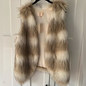 SKIES are‎ BLUE Brown Cream White Faux Fur Vest Coat Medium Emo Glam Boho Chic